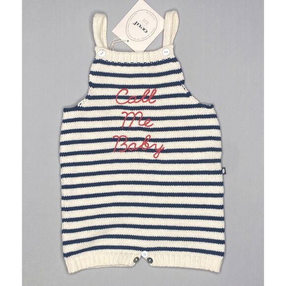 NWT Oeuf Navy/Cream Stripe Call Me Baby Embroidered Knit Romper Girls Boys 12 Mo